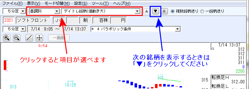 「▼」をクリックすると次の銘柄を表示