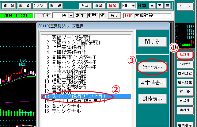 「13.スイング銘柄（強い上昇）」を選択