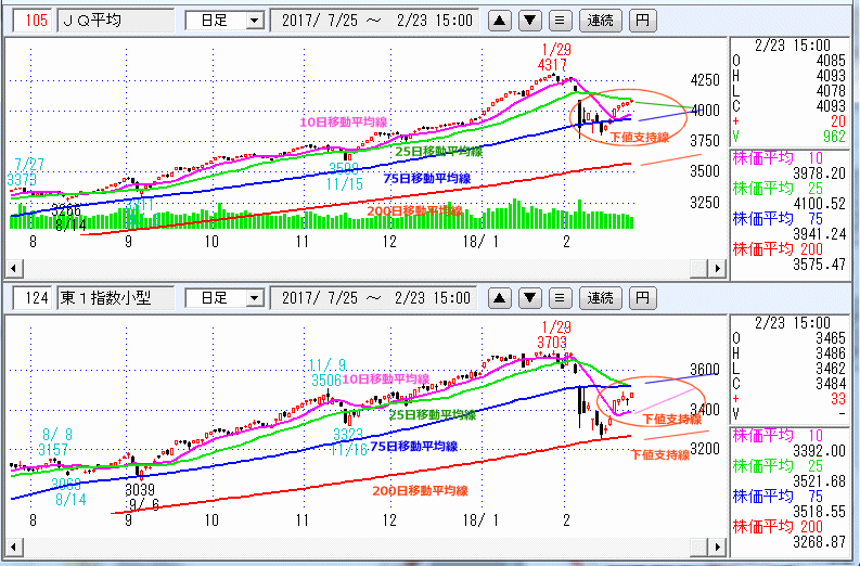 JASDAQ指数＆東証小型株指数 日足チャート