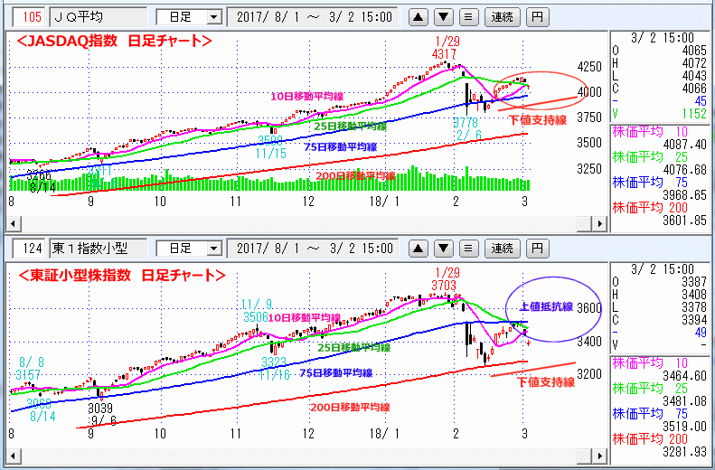 JASDAQ指数＆東証小型株指数 日足チャート