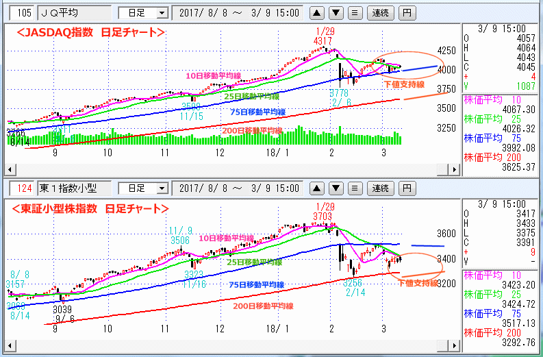 JASDAQ指数＆東証小型株指数 日足チャート