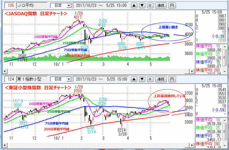 JASDAQ指数＆東証小型株指数 日足チャート