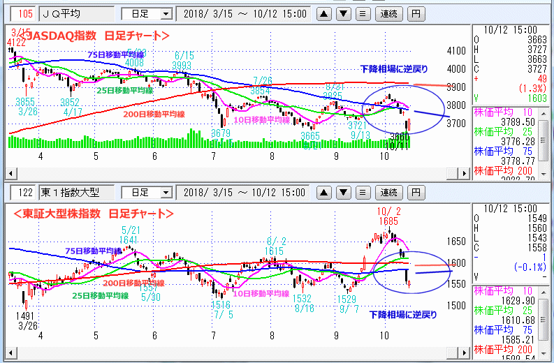 JASDAQ指数＆東証大型株指数 日足チャート