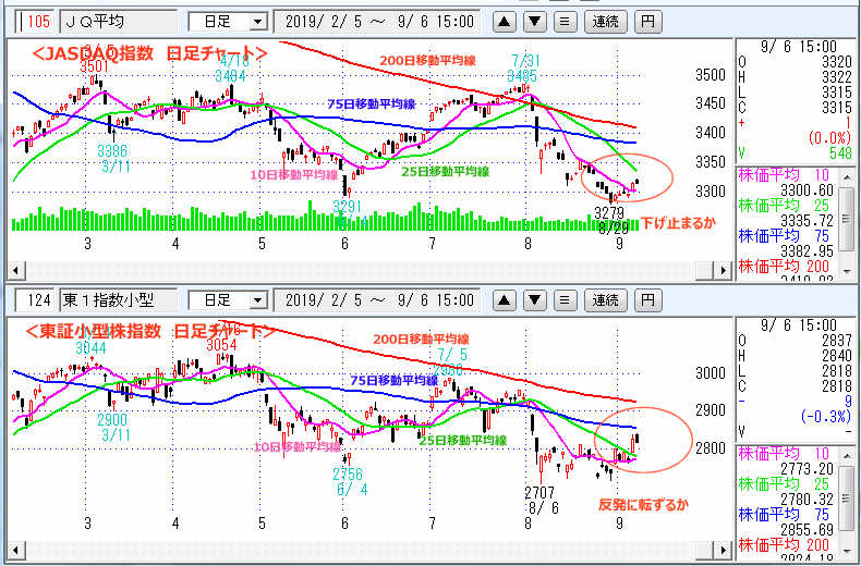 JASDAQ指数＆東証小型株指数 日足チャート