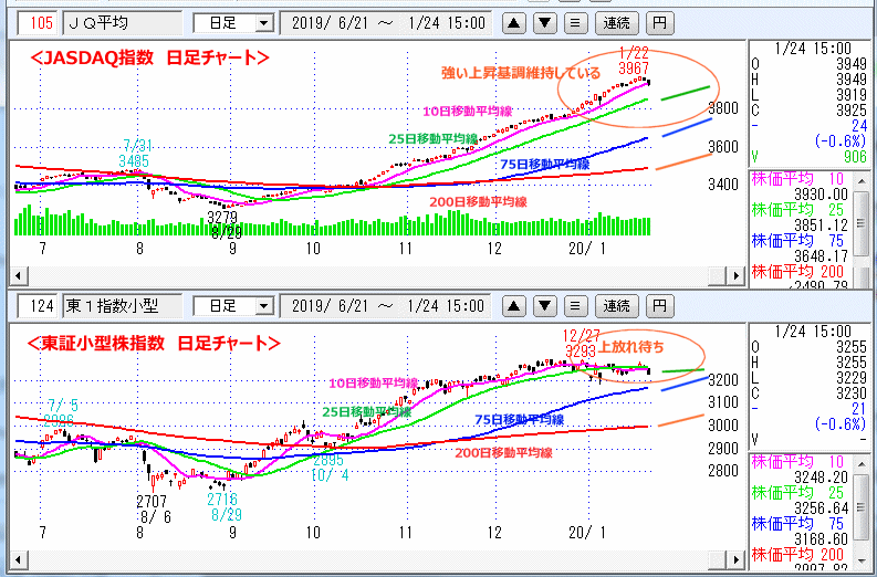 JASDAQ指数＆東証小型株指数 日足チャート