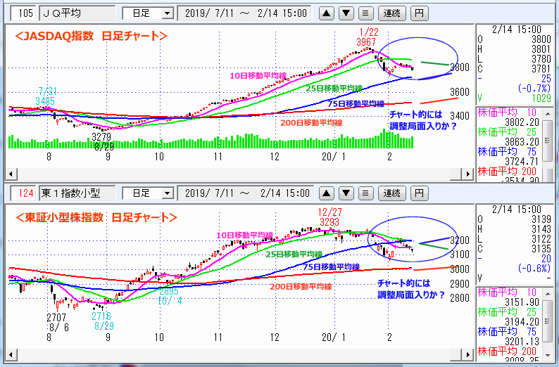 JASDAQ指数＆東証小型株指数 日足チャート