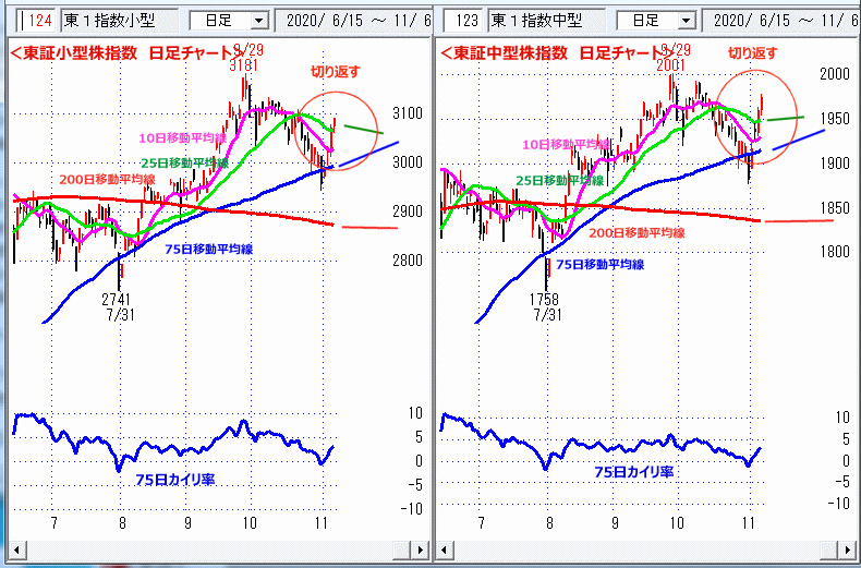 東証小型指数＆東証中型株指数 日足チャート