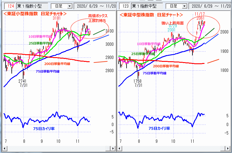 東証小型指数＆東証中型株指数 日足チャート