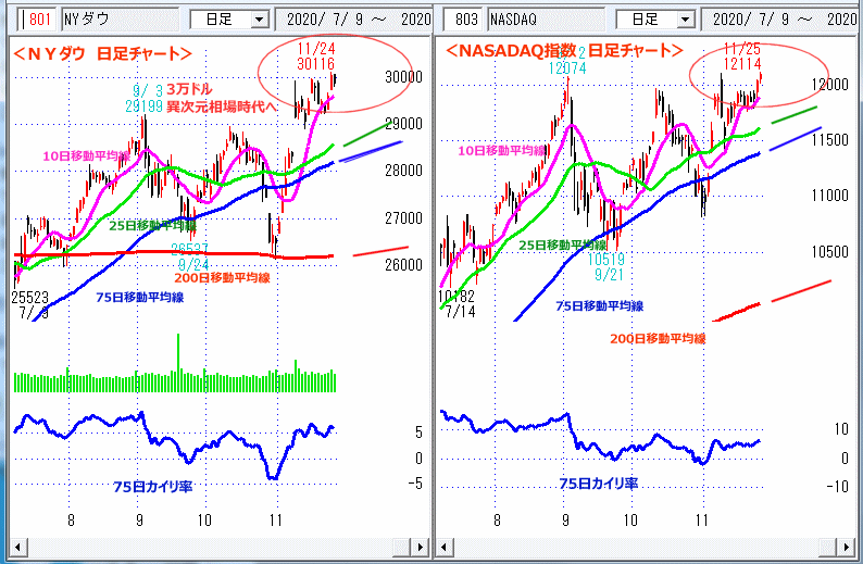 ＮＹダウ　NASADAQ指数　日足チャート