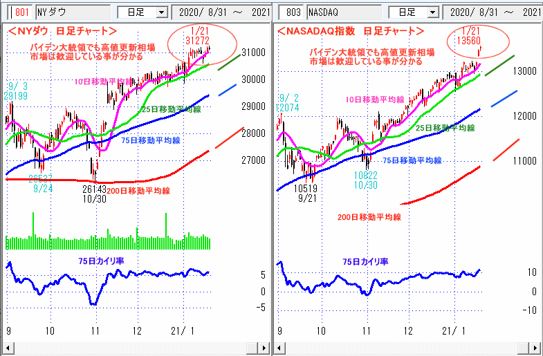 ＮＹダウ　NASADAQ指数　日足チャート