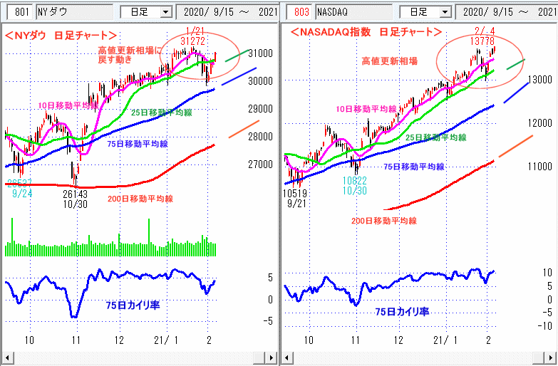ＮＹダウ　NASADAQ指数　日足チャート