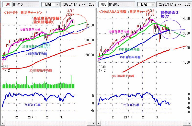 ＮＹダウ　NASADAQ指数　日足チャート