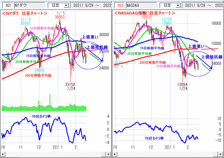 ＮＹダウ　NASADAQ指数　日足チャート