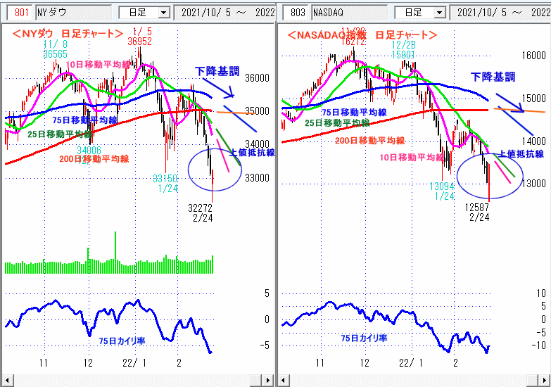 ＮＹダウ　NASADAQ指数　日足チャート
