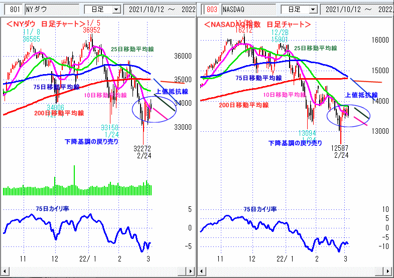 ＮＹダウ　NASADAQ指数　日足チャート