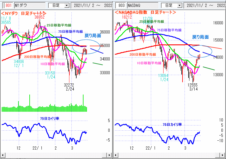 ＮＹダウ　NASADAQ指数　日足チャート