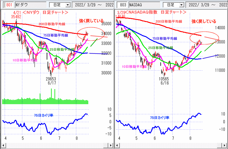 ＮＹダウ　NASADAQ指数　日足チャート