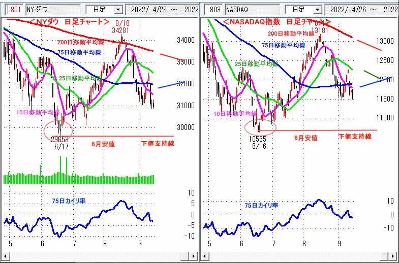 ＮＹダウ　NASADAQ指数　日足チャート